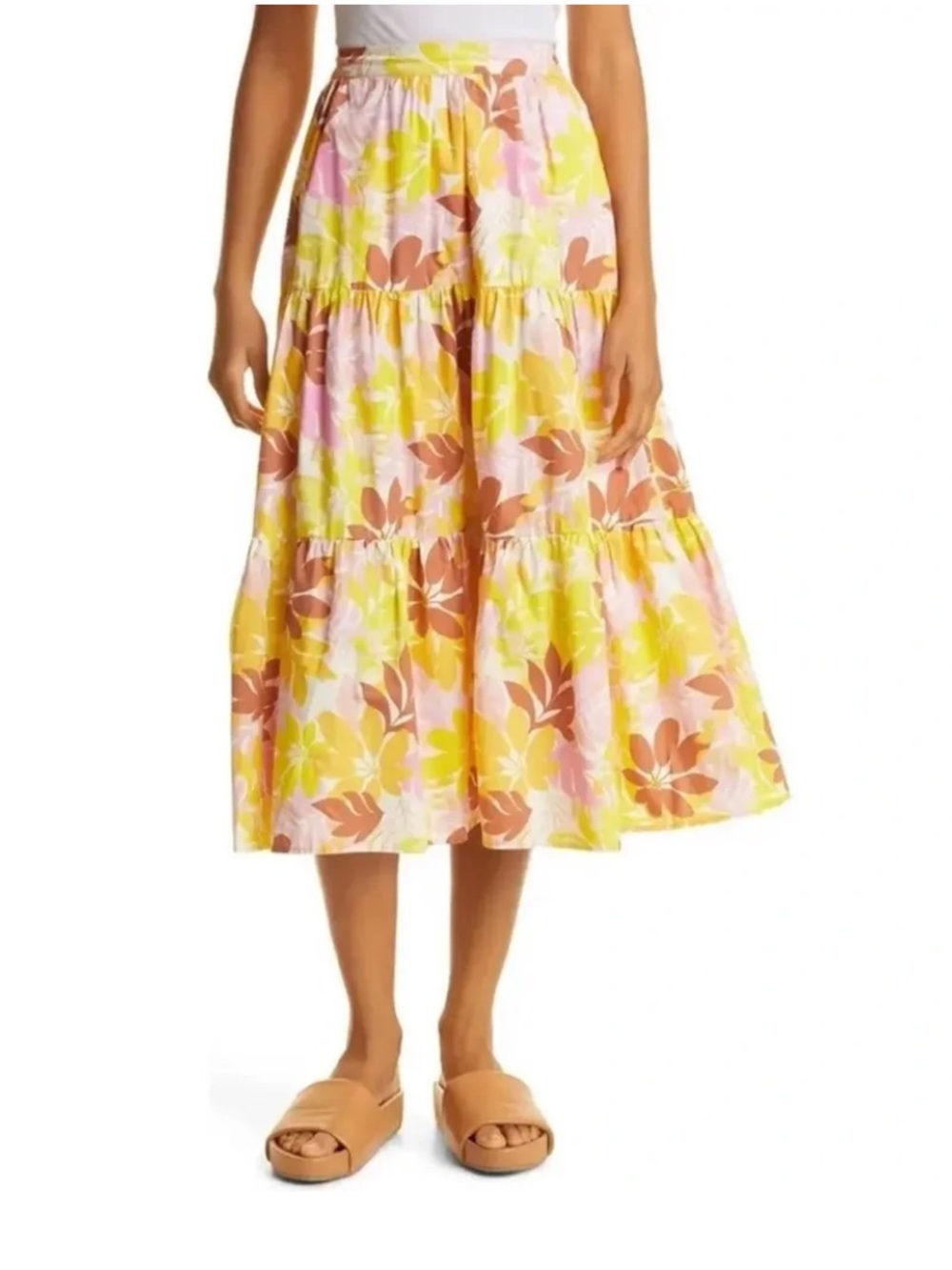 XiRENA Angeline Tiered Cotton Midi Skirt in Pink Lemonade Size XS